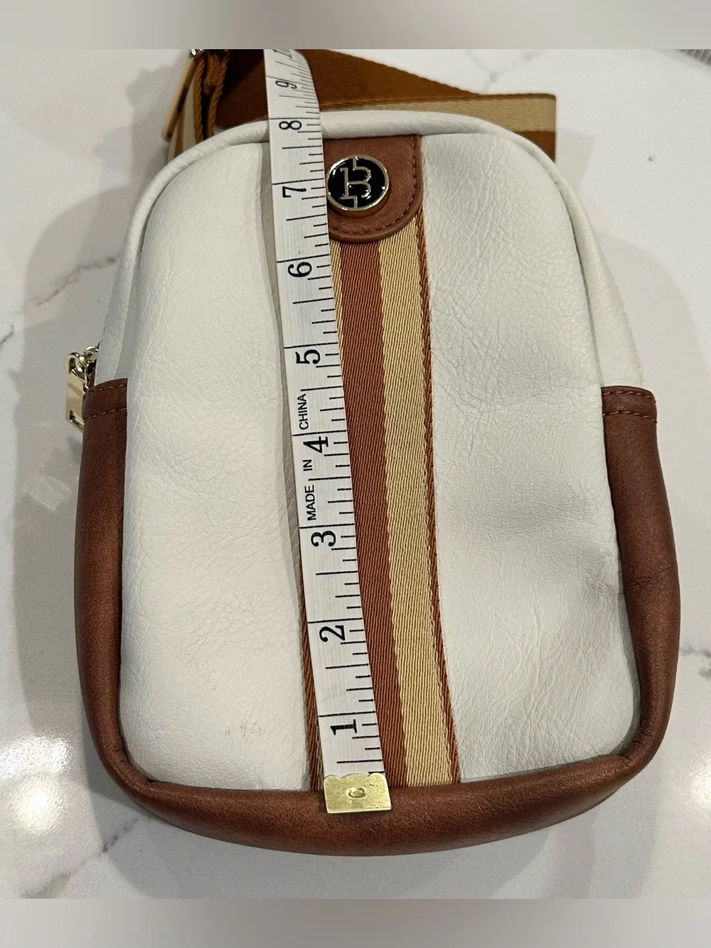 BOSTANTEN Faux Leather Sling Bag Crossbody Purse Guitar Strap Cream Brown Stripe